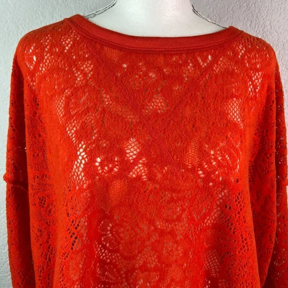 Free People Oversized Orange Long Sleeve Top Semi-Sheer Lacy Size XS Bohemian